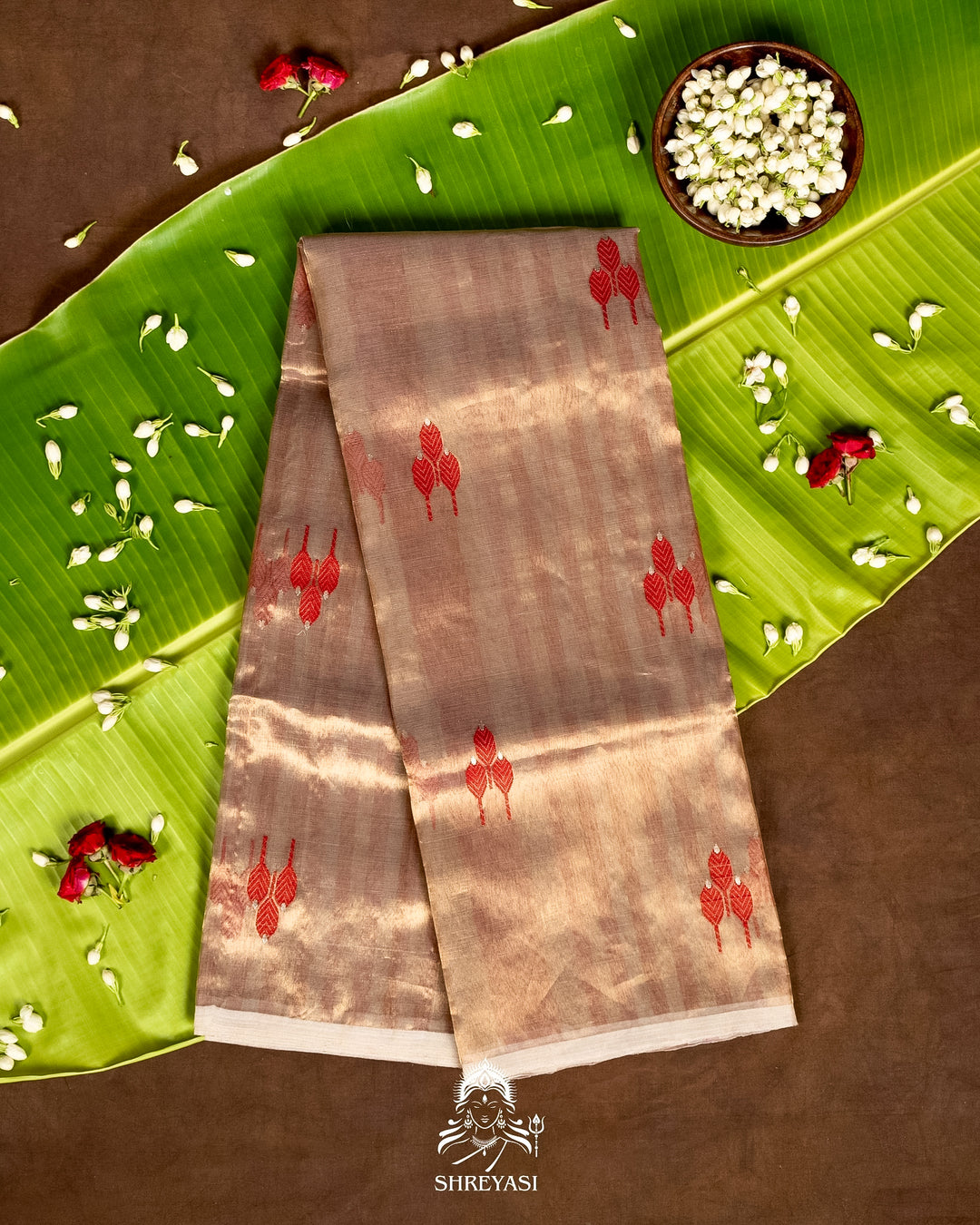 Handloom Pure Chanderi Tissue Silk Saree with Woven Bhutis and Striped Blouse