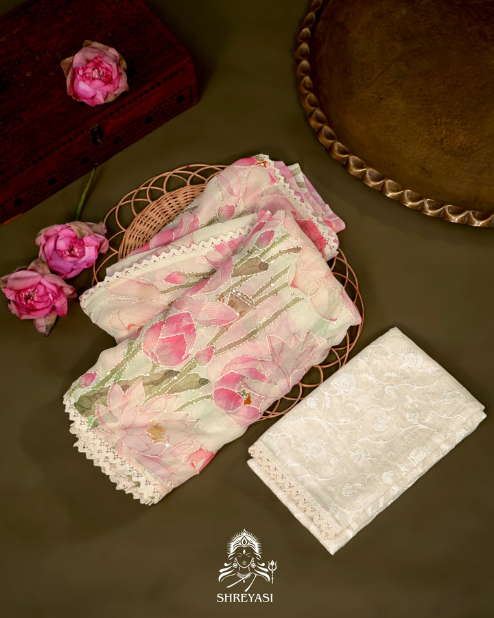 Pure Georgette Floral Saree with Thread Embroidery and Micro Sequins