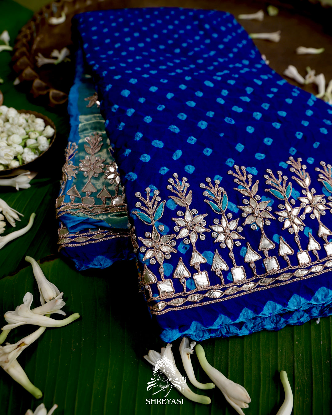 Handloom Pure Gaji Silk Saree with Hand-Knotted Bandhej and Gharchola Pallu with Heavy Gotapatti Embroidery