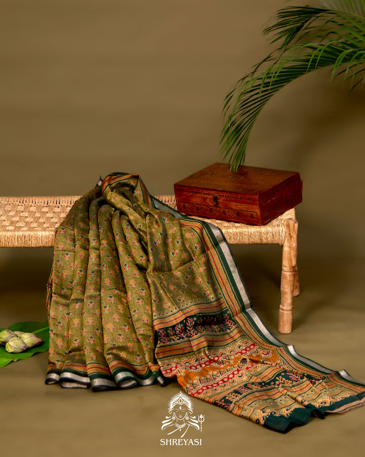 Olive Green Crystal Cotton Saree
