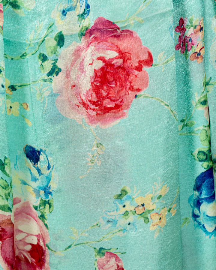 Pure Chinon Satin Saree with Floral Print and Embroidered Borders