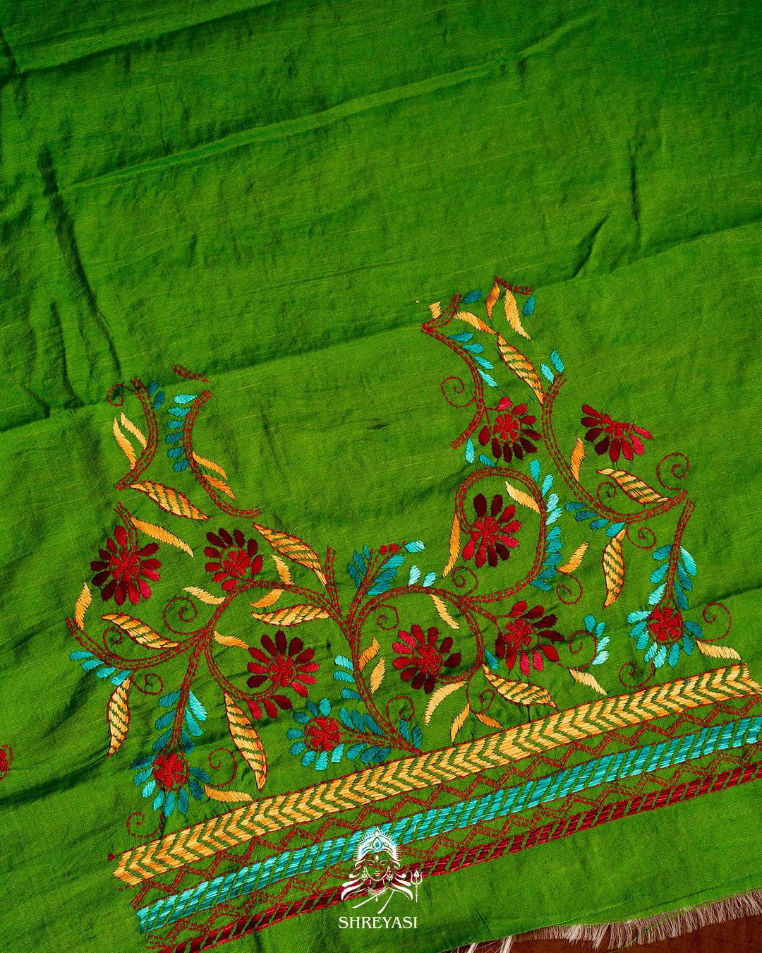 Handloom Pure Vidarbha Tussar Silk Saree with Karvati Kinar Border and Kantha Embroidery