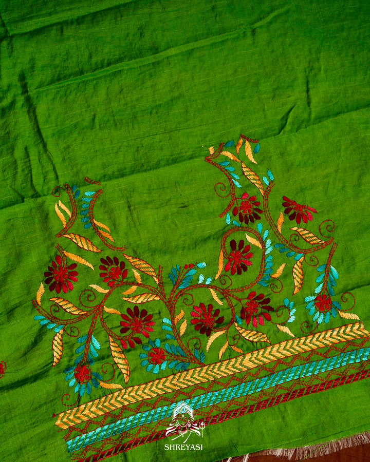 Handloom Pure Vidarbha Tussar Silk Saree with Karvati Kinar Border and Kantha Embroidery