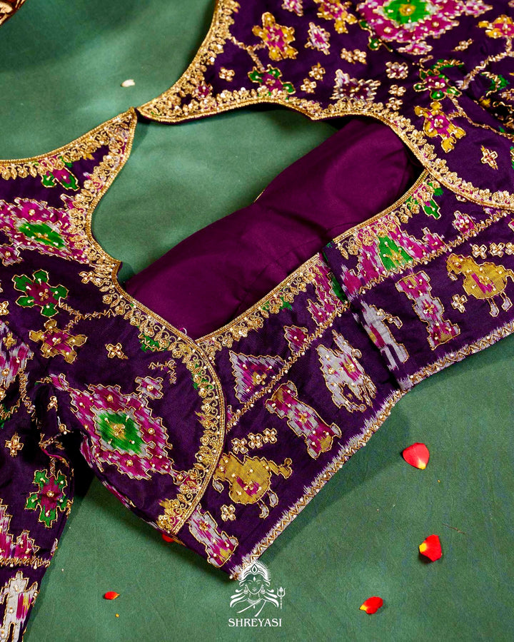 Handloom Pure Single Ikat Rajkot Patola Silk Blouse with Rich Hand Embroidery