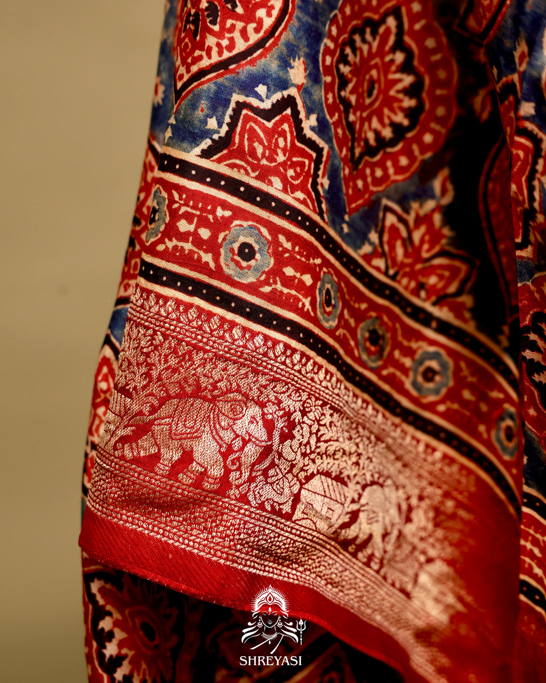 Hand Block Printed Ajrakh Dola Silk Saree with Zari Brocade Blouse