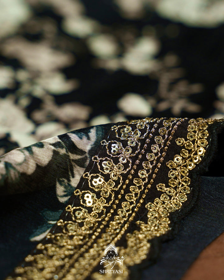 Midnight Noir Pure Chinon Satin Saree with Embroidered Borders