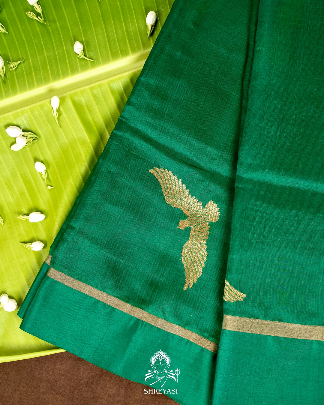 Handloom Pure Chanderi Pattu Silk Saree in Emerald Green with Bird Motifs