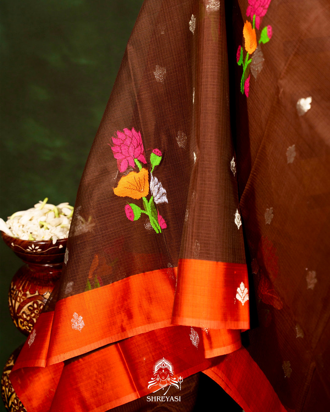Chocolate Brown Handloom Pure Zari Kota Saree with Orange Contrast Blouse
