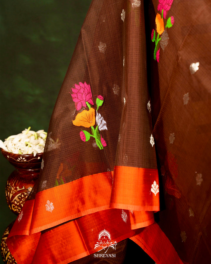 Chocolate Brown Handloom Pure Zari Kota Saree with Orange Contrast Blouse