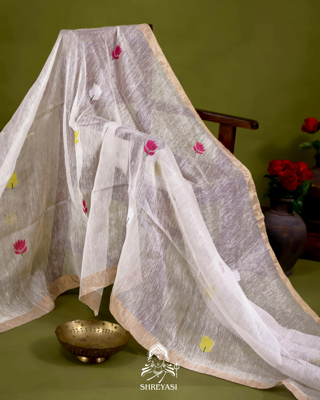 Handloom Silk Linen Jamdani Saree with Tissue Paithani Pallu