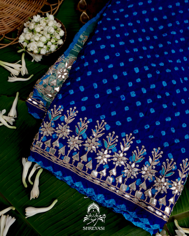 Handloom Pure Gaji Silk Saree with Hand-Knotted Bandhej and Gharchola Pallu with Heavy Gotapatti Embroidery