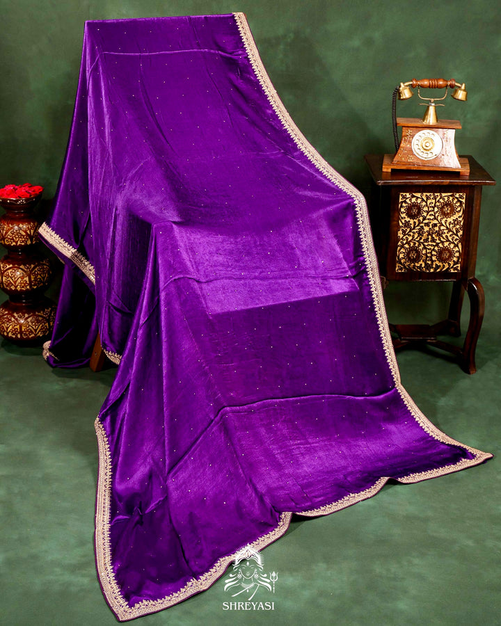 Pure Crepe Satin Saree with Embroidered Borders and Fully Embroidered Blouse