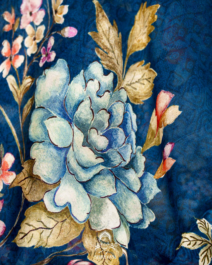 Floral Crepe Chiffon Saree with Embroidered Borders