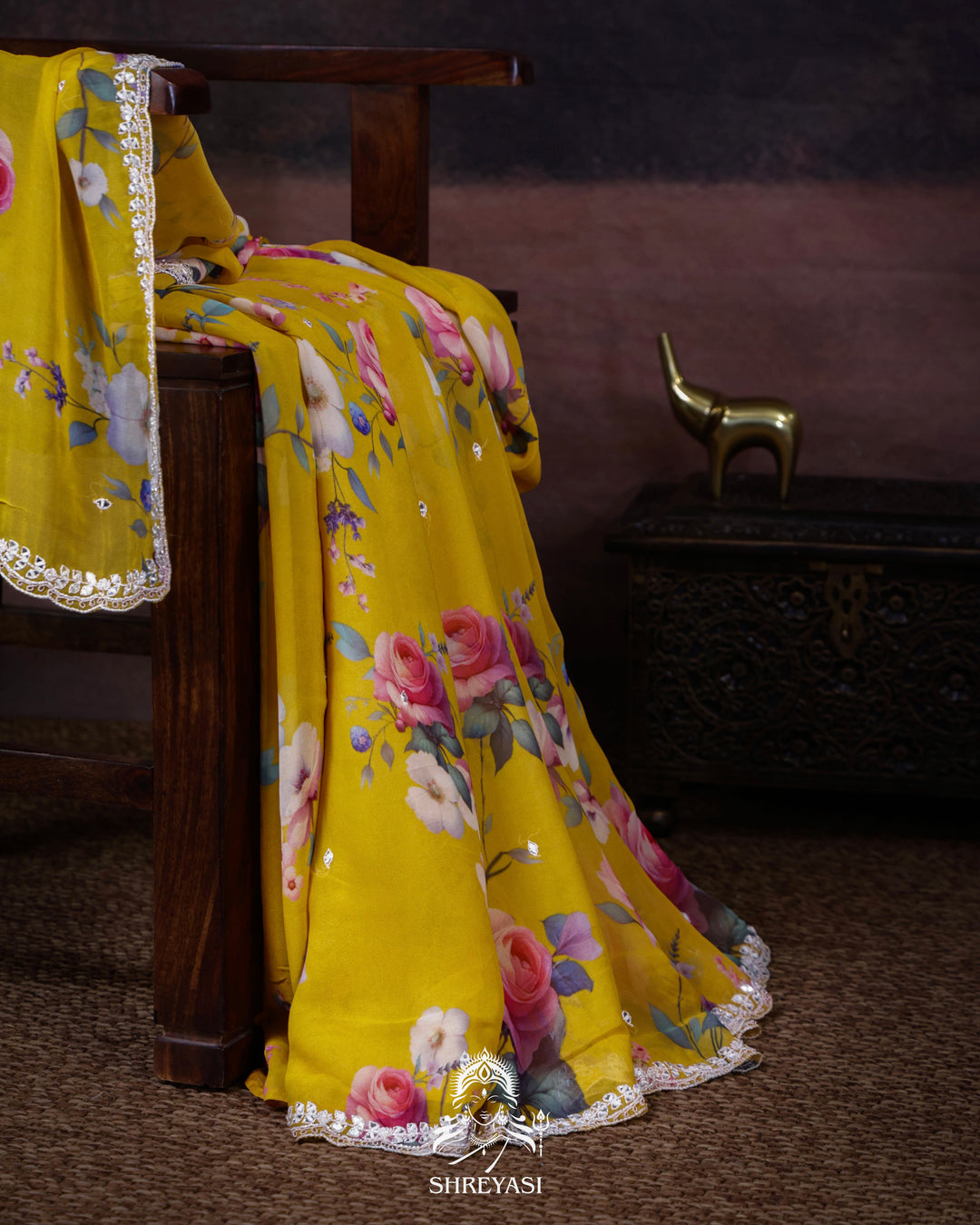 Floral Georgette Saree with Mirror Work Embroidery