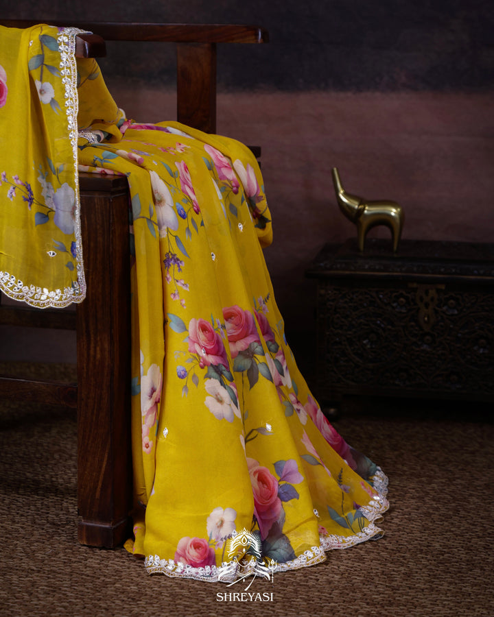 Floral Georgette Saree with Mirror Work Embroidery