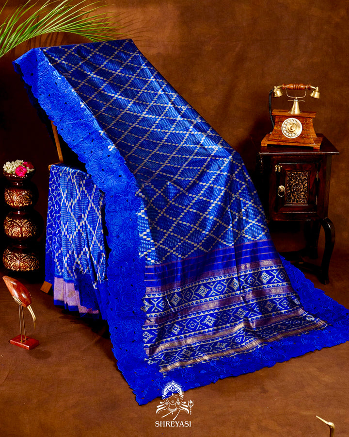 Handloom Pure Patola Silk Saree with Scalloped Floral Appliqué Embroidered Borders