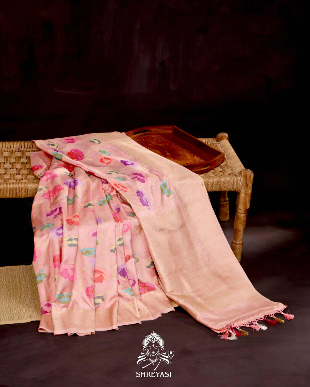 Banarasi Ektara silk saree with kadhwa meenakari weaving and all-over jamdani-inspired floral motifs