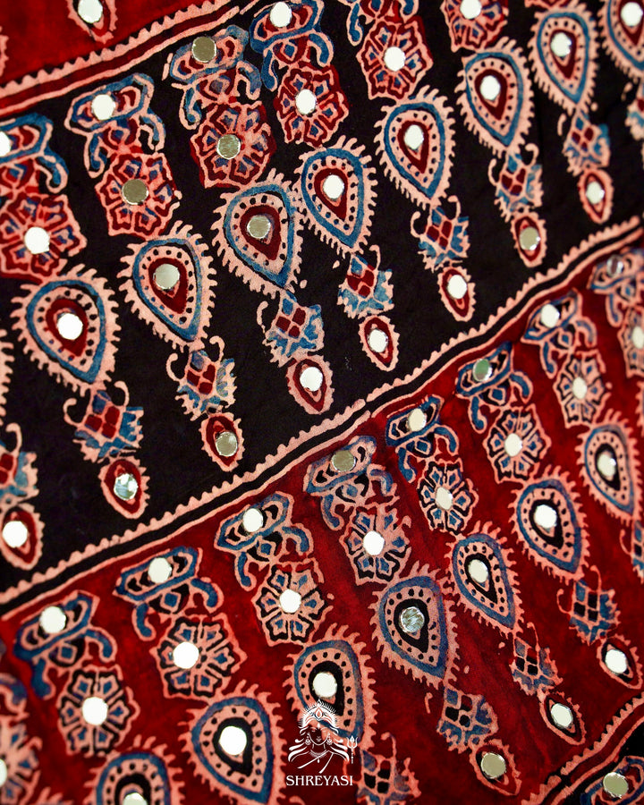 Mirror Work Pure Modal Silk Ajrakh Hand Block Printed Saree | Naturally Dyed Artisan Collection