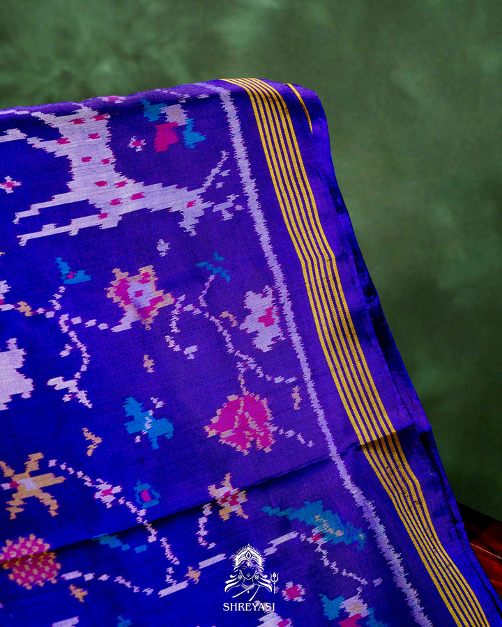 Handloom Pure Rajkot Single Ikat Patola Silk Saree with Hand-Embroidered Raw Silk Blouse