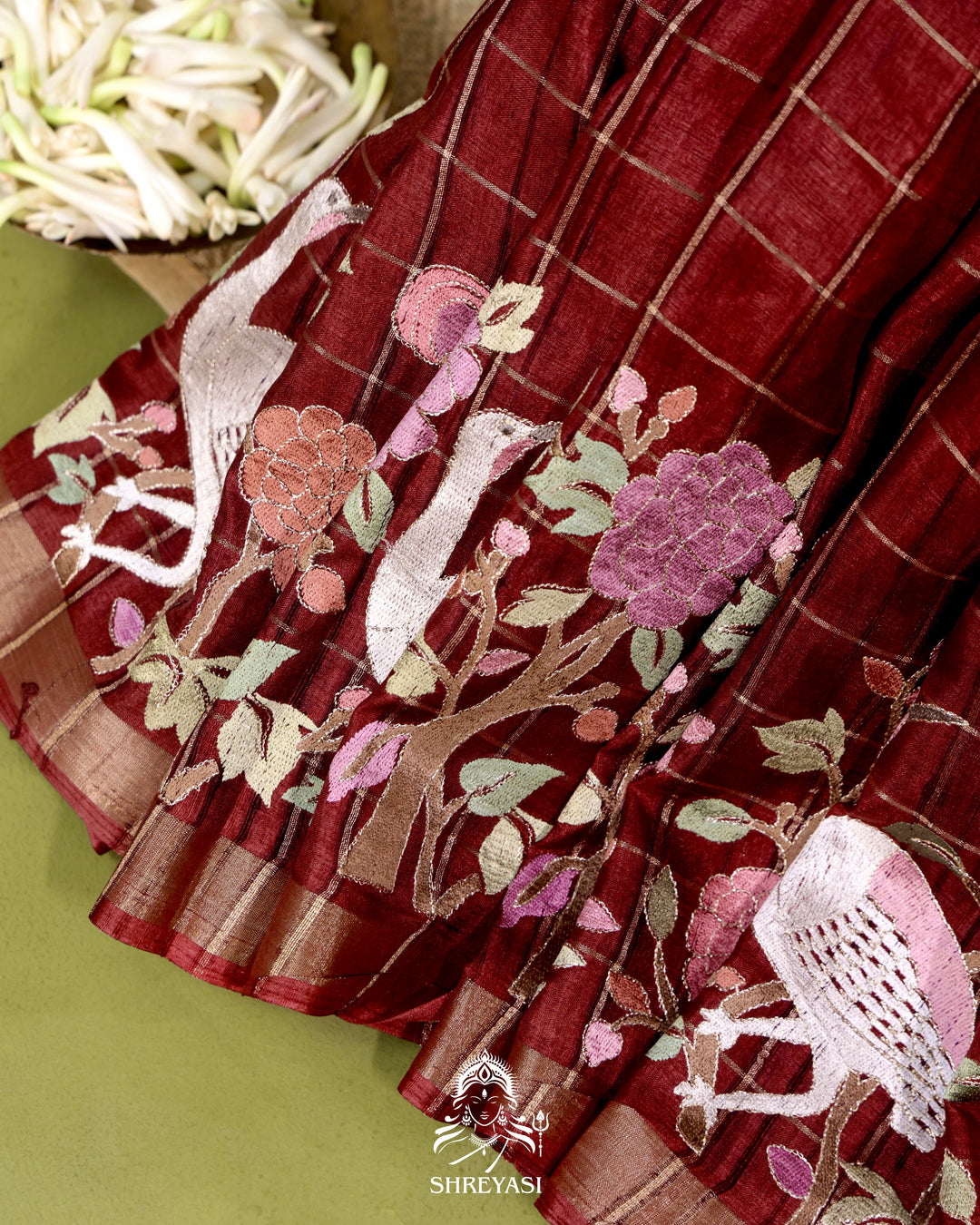 Pure Linen Tussar Silk Saree with Resham Embroidered Borders