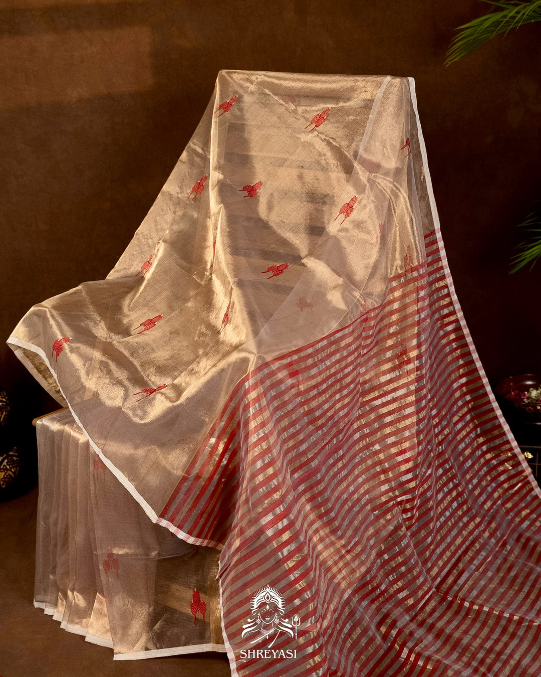Handloom Pure Chanderi Tissue Silk Saree with Woven Bhutis and Striped Blouse
