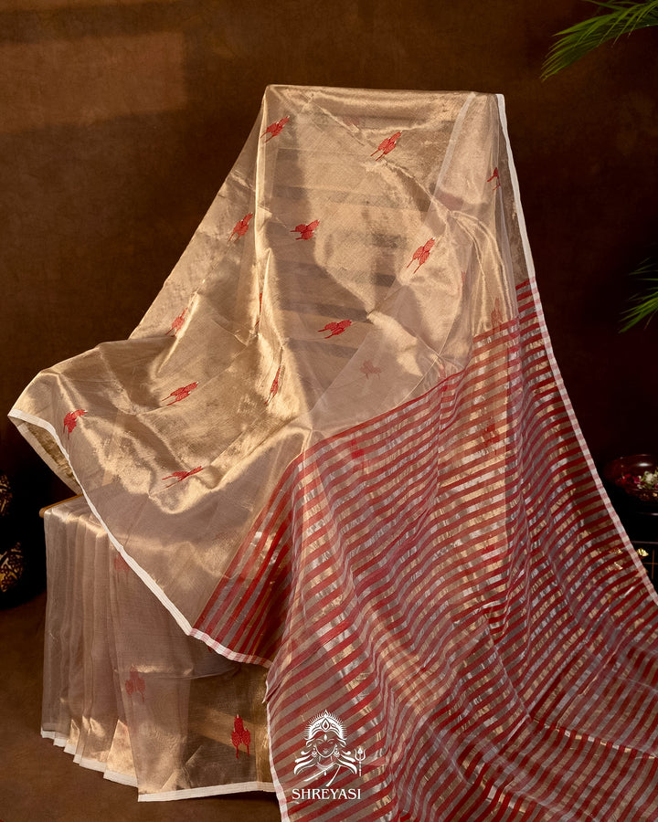 Handloom Pure Chanderi Tissue Silk Saree with Woven Bhutis and Striped Blouse