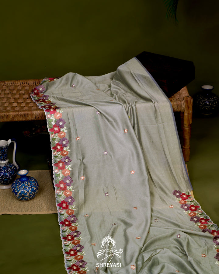 Tussar Silk Saree with Resham Floral Embroidery Border
