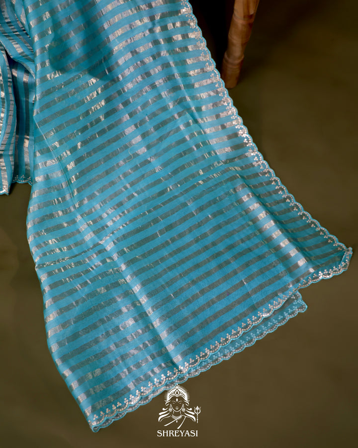 Chanderi Tissue Silk Saree with Pita Embroidered Borders and Gota Patti Embroidered Floral Blouse