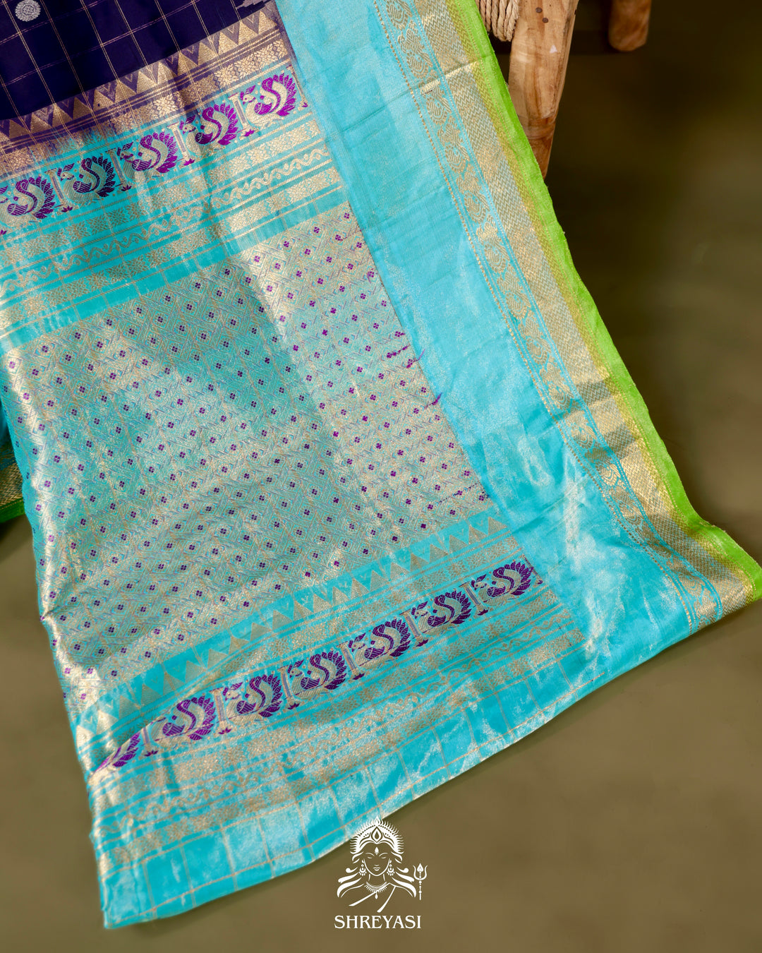 Handloom Pure Gadwal Silk Saree in Royal Blue with Aqua Tissue Borders
