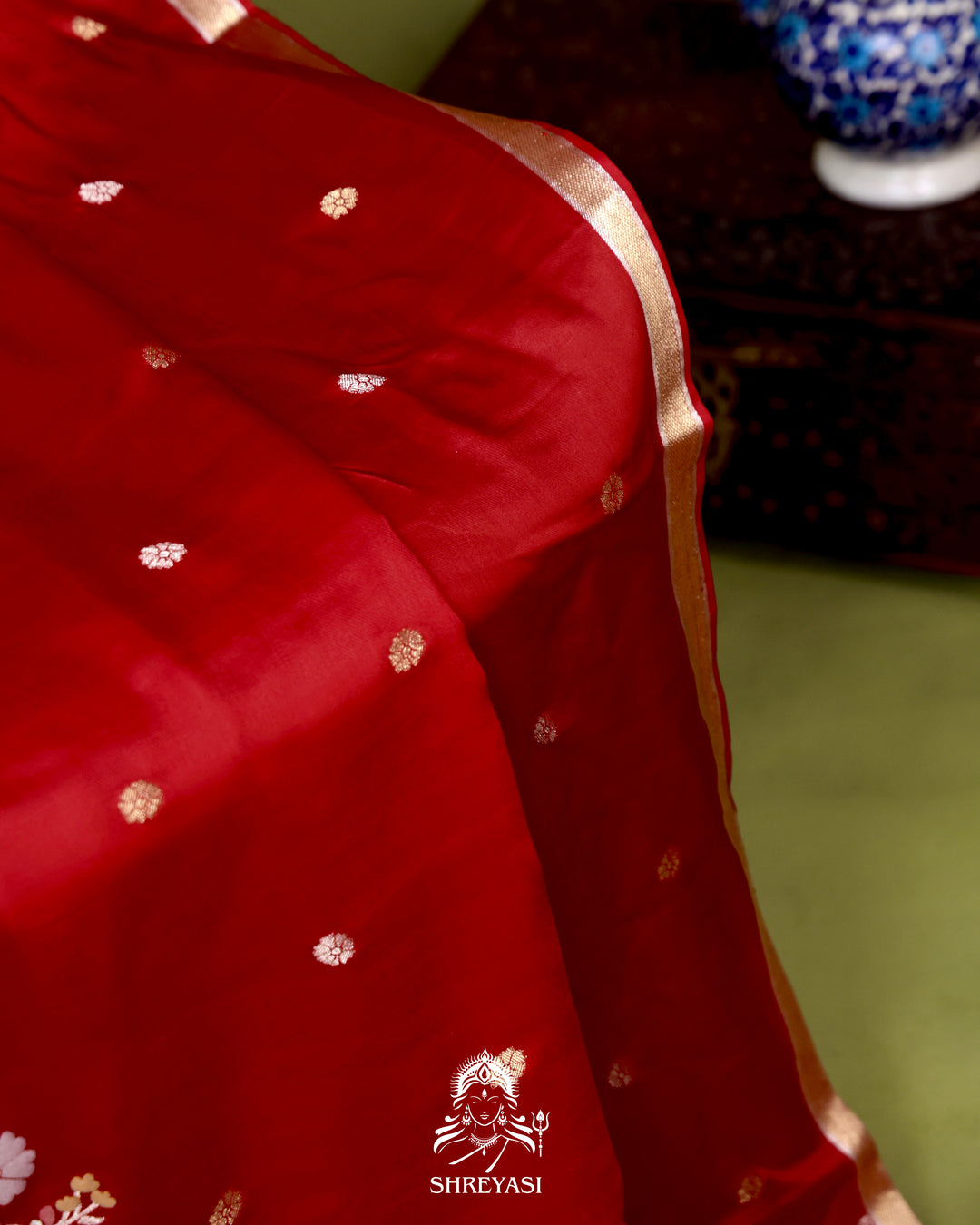 Handloom Pure Mashru Silk Saree with Sona Rupa Meenakari Bhutis and Nakshi Pallu