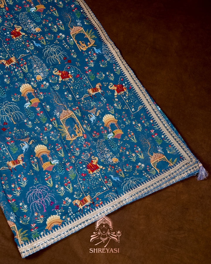 Mughal Garden Print Crepe Chinon Saree with Embroidered Border
