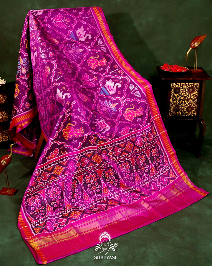 Handloom Rajkot Patola Silk Saree in Purple with Multicolor Ikat
