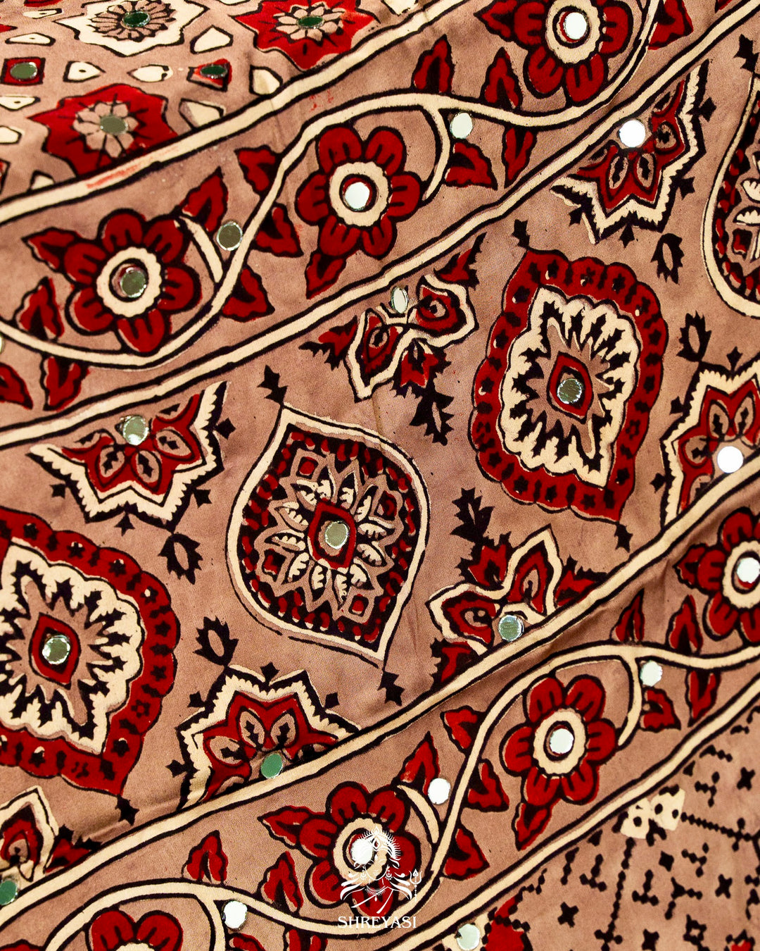 Mirror Work Pure Modal Silk Ajrakh Hand Block Printed Saree | Naturally Dyed Artisan Collection