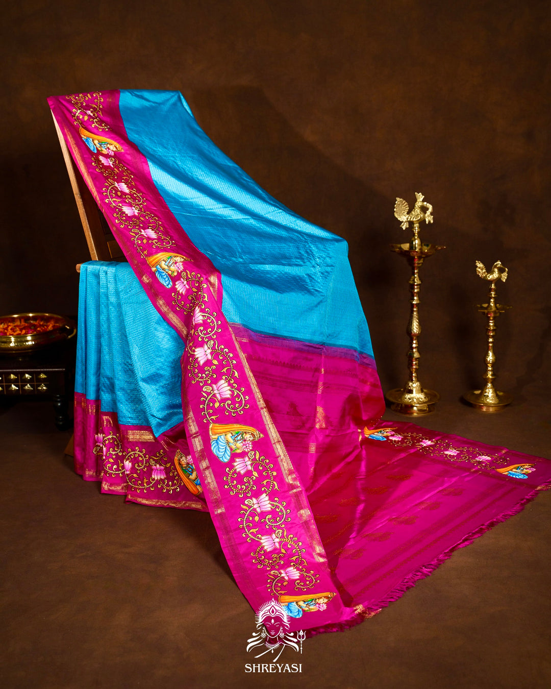Traditional Tanjore Painting on Handloom Pure Kanjivaram Silk Sarees with Real Zari