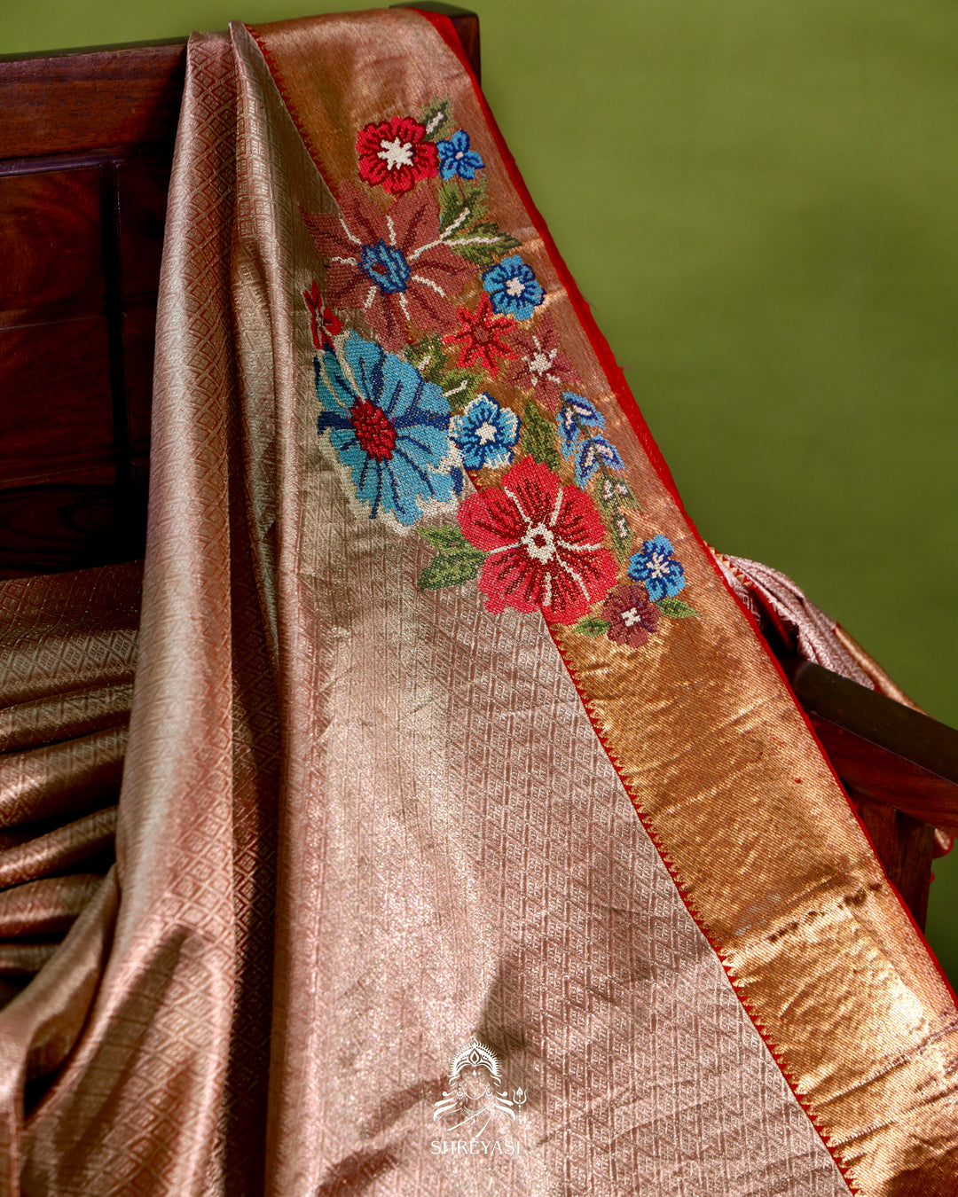 Handloom Pure Kanjivaram Tissue Silk Saree with Petit Point Embroidered Borders