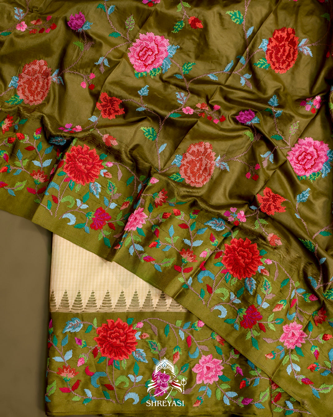 Kanjivaram Silk Saree with Petit Point Embroidered Borders