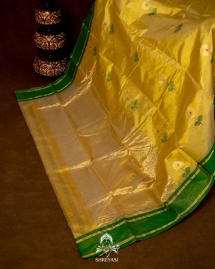 Handloom Pure Chanderi Pattu Silk Saree with Meena Buta and Contrast Pattu Border