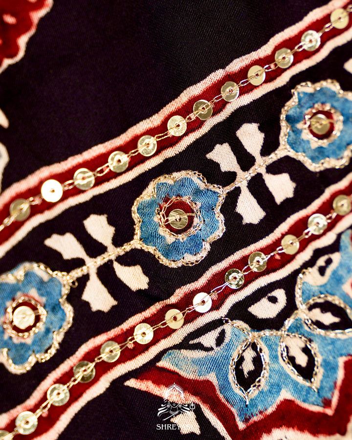 Handloom Pure Modal Silk Ajrakh Hand Block Printed Saree with Natural Dyes, All Over Aari Embroidery & Embroidered Borders