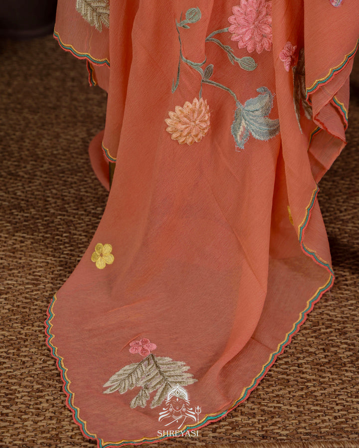 Handloom Pure Chiffon Saree with 3D Appliqué Embroidery