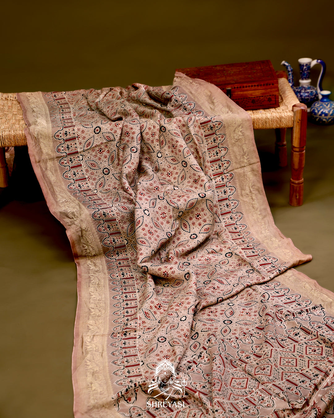 Hand Block Printed Ajrakh Dola Silk Saree with Zari Brocade Blouse