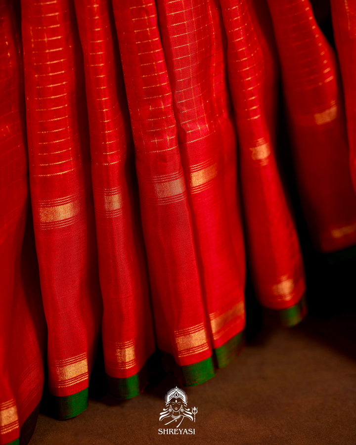 Handloom Pure Gadwal Silk Saree in Crimson Red with Gold Zari Checks