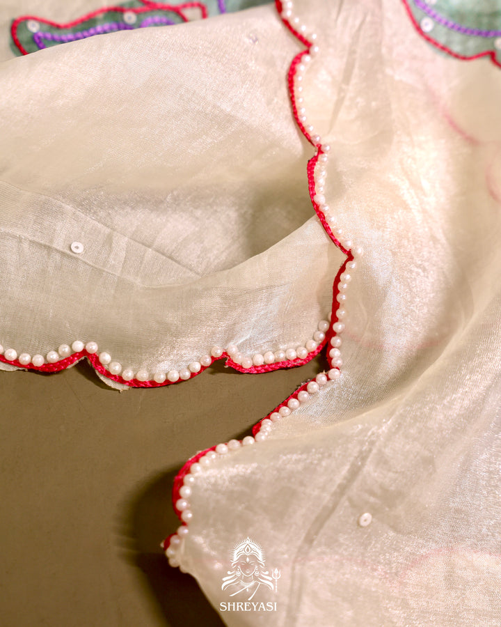 Glass Tissue Saree with Floral Print and  Embroidery