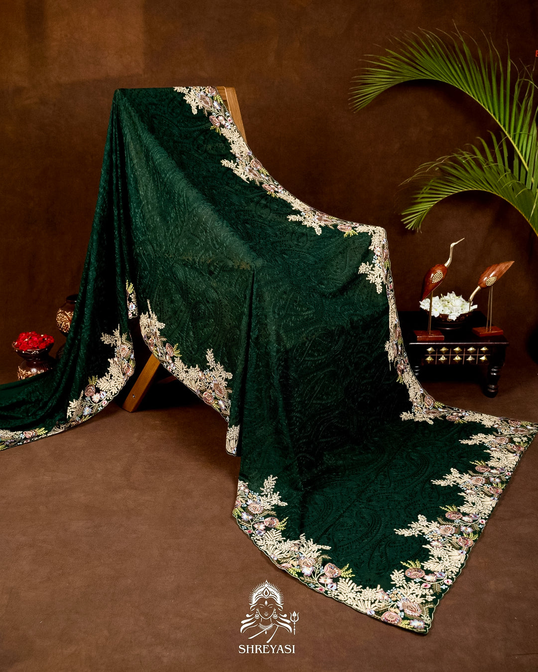 Premium Pure Georgette Chikankari Saree in Emerald Green with Embroidered Floral Borders