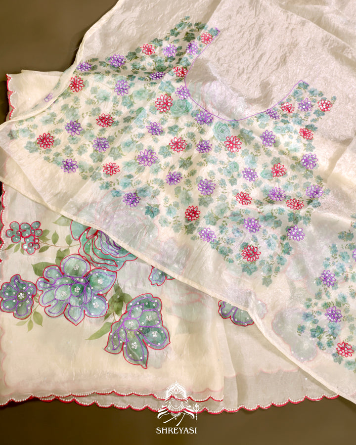 Glass Tissue Saree with Floral Print and  Embroidery