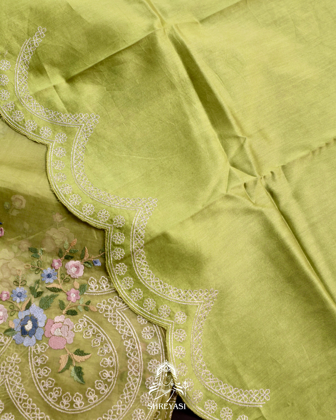 Organza Silk Saree with Pita Hand Embroidery and Floral Threadwork