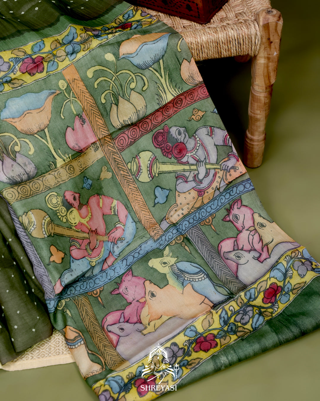 Handloom Pure Tussar Silk Saree with Hand Knotted Bandhej and Pen Kalamkari Pallu and Blouse