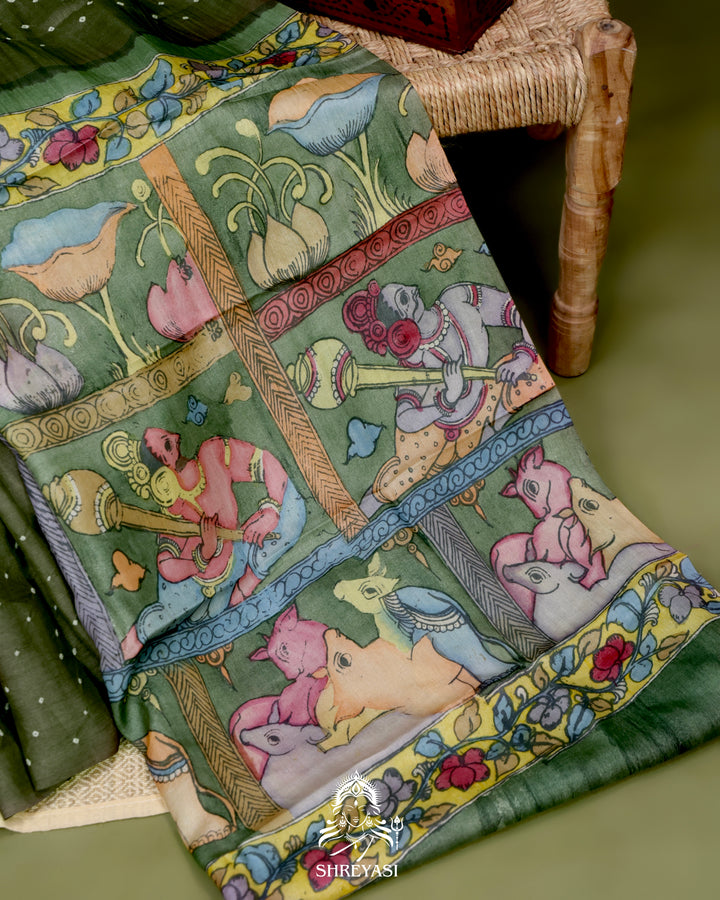 Handloom Pure Tussar Silk Saree with Hand Knotted Bandhej and Pen Kalamkari Pallu and Blouse