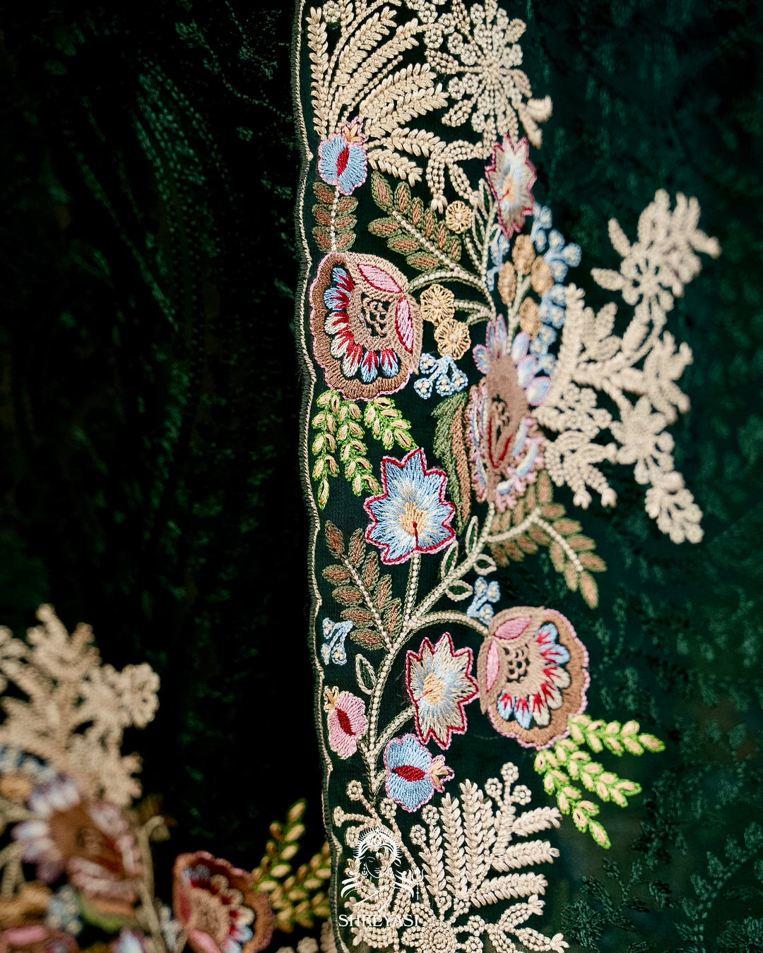 Premium Pure Georgette Chikankari Saree in Emerald Green with Embroidered Floral Borders