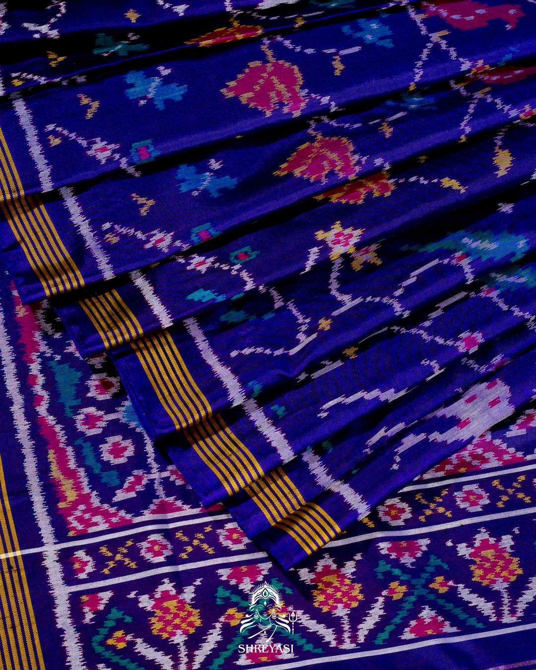 Handloom Pure Rajkot Single Ikat Patola Silk Saree with Hand-Embroidered Raw Silk Blouse