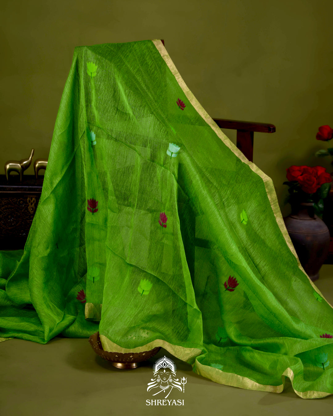 Handloom Silk Linen Jamdani Saree with Tissue Paithani Pallu